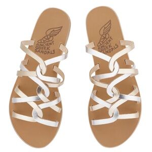 Ancient Greek Sandals Metallic White Strappy Flat Sandals